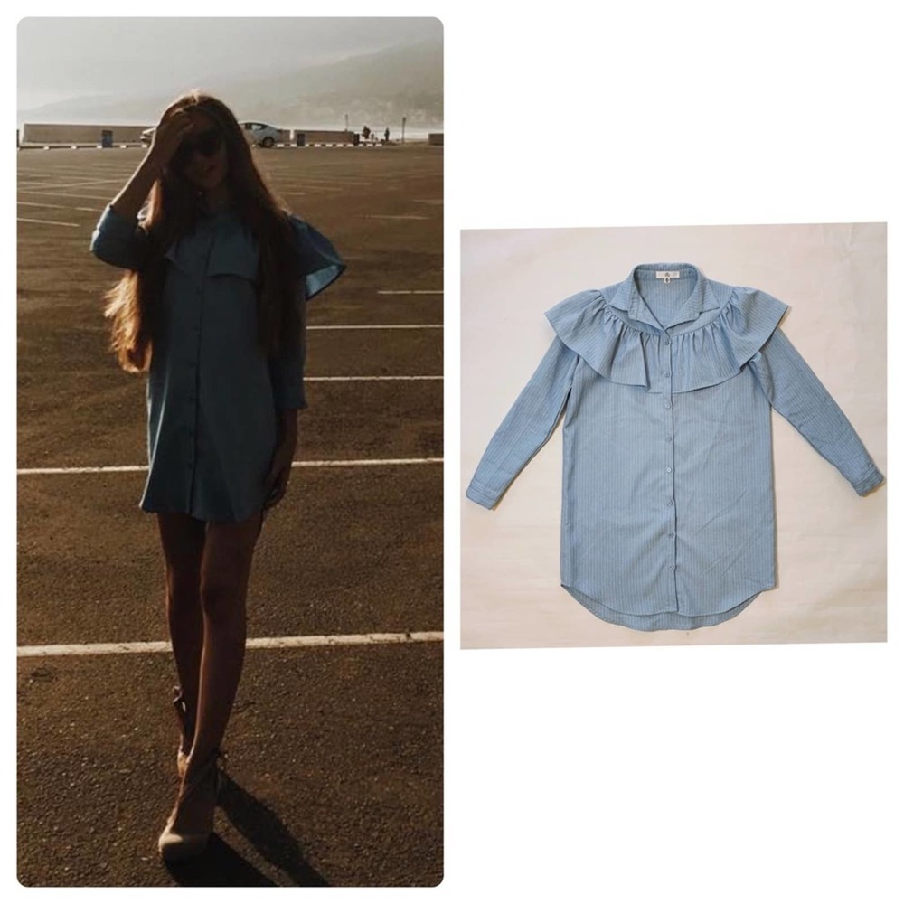 Missguided Blue Ruffle Detail Pinstriped Shirt Dress Size 0